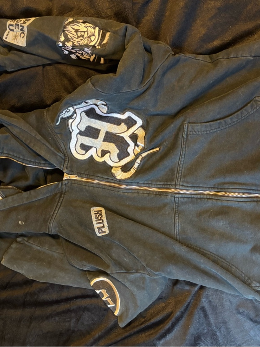 Black Plush Graphic Zip-Up Hoodie